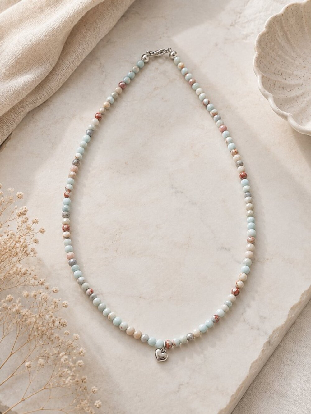 Amazonite & Jasper Necklace with Silver Heart Charm | Self-Compassion